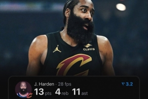 哈登加盟骑士3战已经揽50+分和25+助攻 并列骑士队史最快！