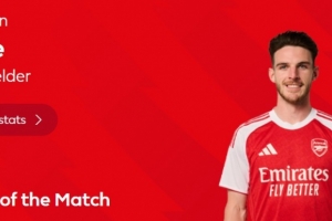 3次关键传球，英超官方：赖斯当选阿森纳1-1布伦特福德全场最佳