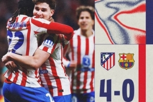 马竞历史第3次4-0击败巴萨，仅次于1941年国王杯6-0血洗对手