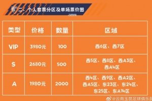 云南玉昆新赛季票务公告：套票1980-3980元，单场88-338元