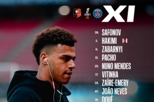 巴黎客战雷恩首发：阿什拉夫、登贝莱、杜埃出战