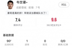 这把尽力局，韦世豪全场数据：1关键传球2射正2抢断，获评7.4分