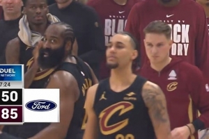 起飞啦！哈登撤步三分后再助米切尔追身三分 骑士11-0领先到35分