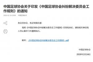 中国足协印发《中国足球协会纠纷解决委员会工作规则》