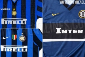 国米26-27赛季特别版复刻球衣谍照：蓝色为底，配标志黑色宽横纹