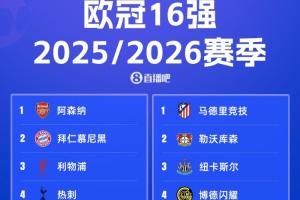 欧冠16强所属联赛：英超6队 西甲皇萨竞 德甲2队、意甲法甲各1队