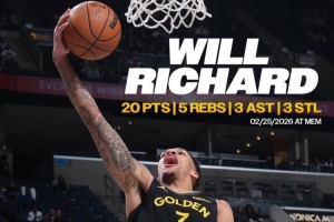 理查德单场至少21分5板6助3断 2012年克莱后勇士首位新秀！