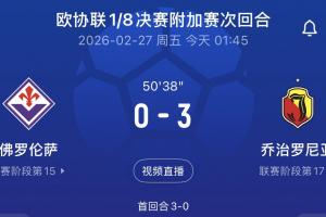 要翻车？欧协联附加赛佛罗伦萨主场0-3落后，总比分被逼平