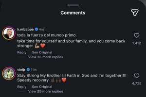 罗德里戈遭遇重伤，姆巴佩、维尼修斯社媒留言鼓励