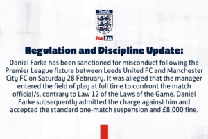 官方：法尔克对阵曼城赛后与裁判对峙，被停赛1场+罚款8000英镑