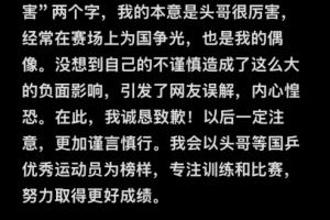 此前回复网友讽刺王楚钦32强：“厉害”，国乒球员祝佳祺发文致歉