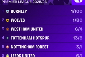 本赛季英超降级赔率排名：伯恩利居首，狼队次席，热刺第四