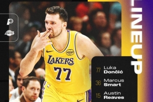 詹姆斯艾顿缺阵！湖人首发：东契奇、斯玛特、里夫斯、八村、海斯