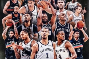 马刺官方晒2026西南赛区冠军海报：文班C位 福克斯瓦塞尔左膀右臂